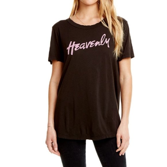 CHASER Heavenly  Pink Print TEE Shirt TOP Black Cotton ( M ) - Picture 2 of 2